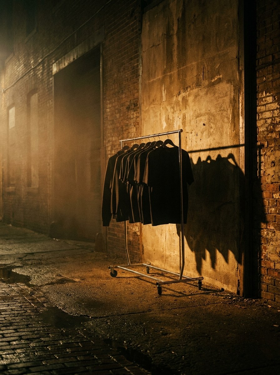 Black tees on a rack in a gold-lit alley