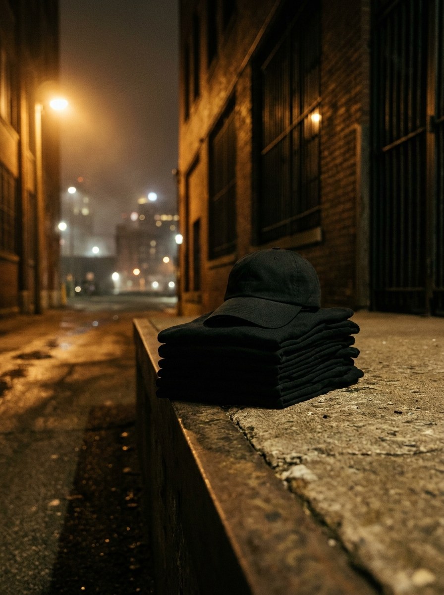 Folded tees and a cap on concrete